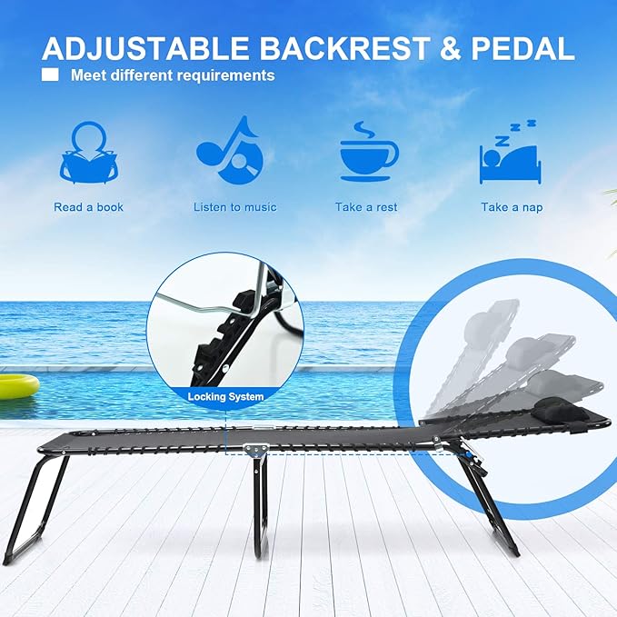 Giantex Chaise Lounge Chair Outdoor - Patio Lounge Chair w/Pillow, 4-Level Adjustable Backrest, 2-Level Footrest, Heightened 16” Pool Lounger for Beach, Lawn, Tanning Chairs for Outside (2, Black)