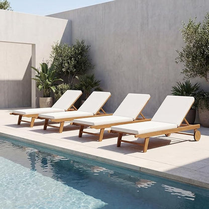 Tangkula Folding Lounge Chairs Outdoor Set of 2, Patio Eucalyptus Wood Chaise Lounge with 5-Level Adjustable Backrest & Cushions, Portable Beach Pool Sunbathing Recliner with Wheels for Outside