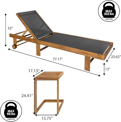 JONATHAN Y LNG1101A-2SET Trabuco Coastal Modern Acacia Wood Mesh 3-Position Outdoor Foldable Chaise Lounge Set with Side Table for Pool, Deck, Poolside, Dark Gray/Teak Brown