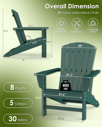 GREENVINES Adirondack Chairs Set of 2 | HDPE Plastic | Oversized Fire Pit Chair | All Weather | Forest | Poly Lumber | for Outdoor Deck Backyard Patio Garden