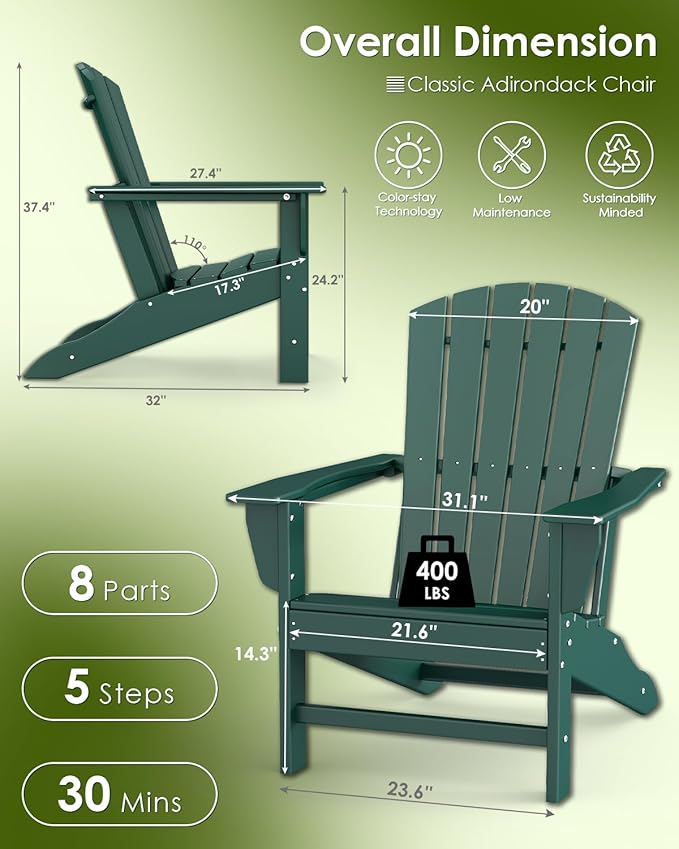 GREENVINES Adirondack Chairs Set of 6 | HDPE Plastic | All Weather | Oversized Fire Pit Chair | Forest | Poly Lumber | for Outdoor Deck Backyard Patio Garden