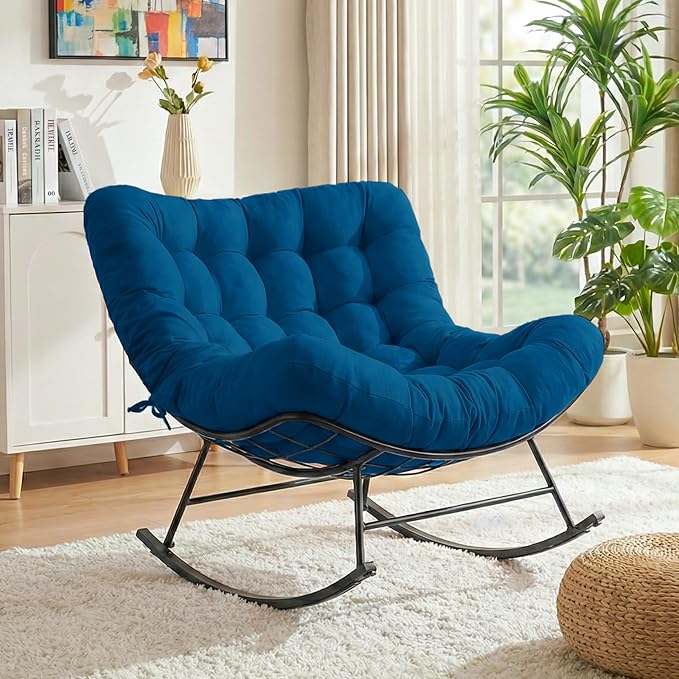 Cushioned Papasan Rocking Chair for Outdoor Indoor, Oversized Outdoor Rocking Chair with Cushion, Egg Rocker for Patio, Porch, Balcony, Lawn, Bedroom, Living Room, Navy Blue