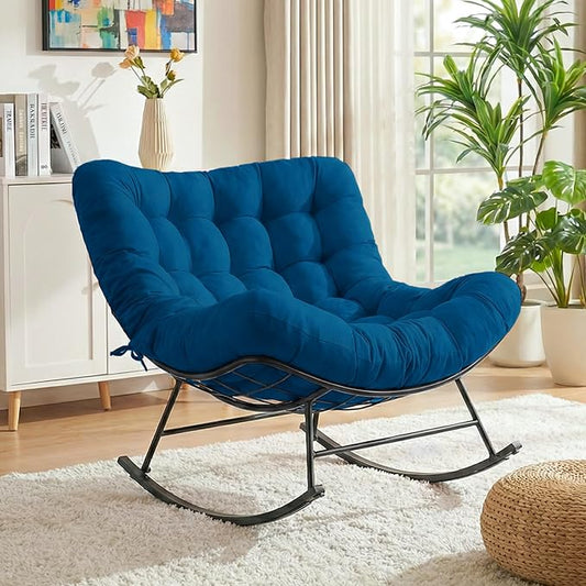 Cushioned Papasan Rocking Chair for Outdoor Indoor, Oversized Outdoor Rocking Chair with Cushion, Egg Rocker for Patio, Porch, Balcony, Lawn, Bedroom, Living Room, Navy Blue