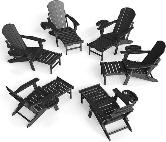 FOOWIN Adirondack Chair with Retractable Ottoman,HDPE Folding Adjustable Adirondack Chair w/4 in 1 Cup Holder Trays,All-Weather Resistant Fire Pit Chair for Outdoor Patio Lawn Set of 6
