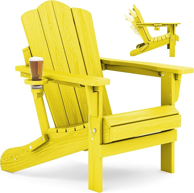 KINGYES Adjustable Folding Adirondack Chair, 3-Position Reclining Adirondack Chairs with Cup Holder, HDPE All-Weather Oversized Adirondack for Outdoor, Patio, Backyard Deck, Fire Pit, Yellow