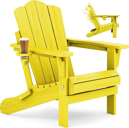 KINGYES Adjustable Folding Adirondack Chair, 3-Position Reclining Adirondack Chairs with Cup Holder, HDPE All-Weather Oversized Adirondack for Outdoor, Patio, Backyard Deck, Fire Pit, Yellow