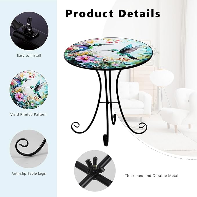 Outdoor Side Table, Hummingbird & Flower Round Accent Table, 18" Metal Indoor Small End Tables, Plant Stand Tables for Patio Yard Balcony Garden Bedside