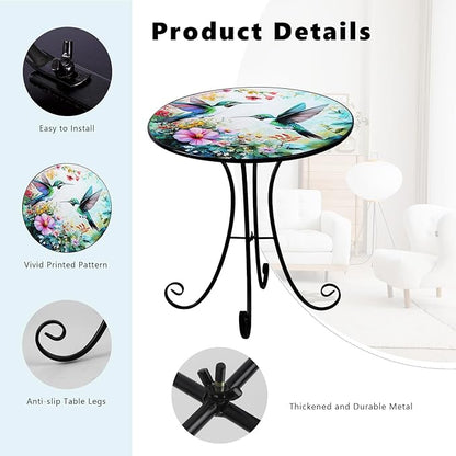 Outdoor Side Table, Hummingbird & Flower Round Accent Table, 18" Metal Indoor Small End Tables, Plant Stand Tables for Patio Yard Balcony Garden Bedside