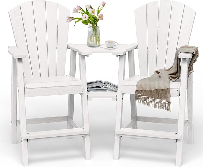 Tall Adirondack Chairs Set of 2, HDPE High Adirondack Chairs with Double Removable Trays, All Weather Outdoor Barstools for Patio, Balcony, Backyard, Deck and Garden, White