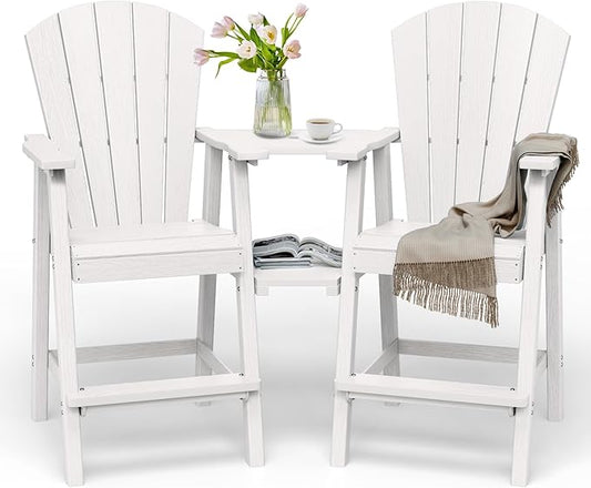 Tall Adirondack Chairs Set of 2, HDPE High Adirondack Chairs with Double Removable Trays, All Weather Outdoor Barstools for Patio, Balcony, Backyard, Deck and Garden, White