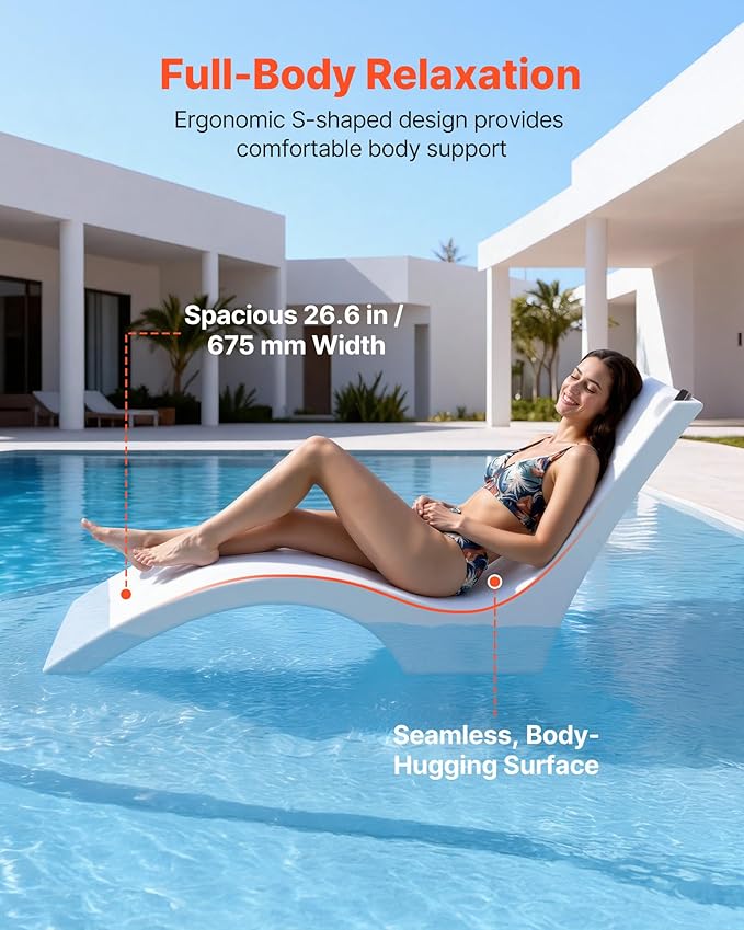 VEVOR Pool Lounge Chairs, Set of 2 Chaise Lounger, Water Weighted in-Pool Lounger Chairs for up to 9" Water Depths, Anti-Floating Patio Furniture with Cup Phone Holders for Sun Shelf & Tanning Ledge