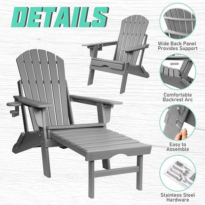 FUNBERRY Adjustable Folding Adirondack Chairs Set of 2 with Retractable Ottoman, All Weather Fire Pit Chairs with Cup Holder