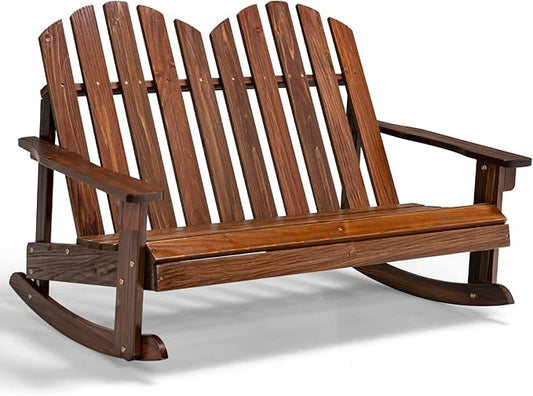 Giantex 2-Person Adirondack Rocking Chair - Kids Outdoor Rocking Bench with Slatted Seat, High Backrest, 220LBS Weight Capacity, Kids Patio Rocker for Balcony, Yard, Poolside (1, Coffee)