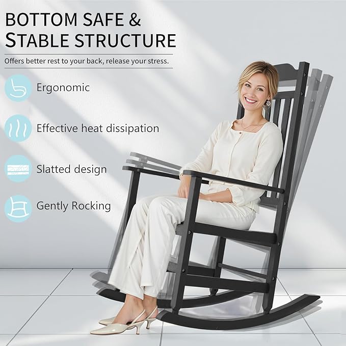 Outdoor Rocking Chair Set of 1,Porch Rocker All Weather Resistant Porch Rocker for Lawn Garden High Back Armrest Set of 1 (Black)