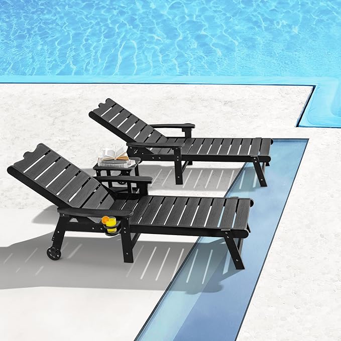 ONBRILL Patio Chaise Lounge Set of 2, Outdoor Lounge Chairs with 5-Level Adjustable Backrest, CupHolder, No Fade - Photo 2