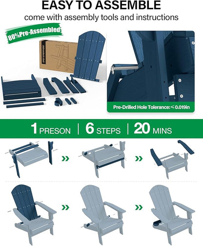 YEFU Adirondack Chair, Oversized Plastic Adirondack Chair Folding Outdoor Chairs with Cup Holder, Lawn Chair with Weather Resistant for Outside Deck Lawn Garden, Weight Capacity Up to 400 Lbs –Navy