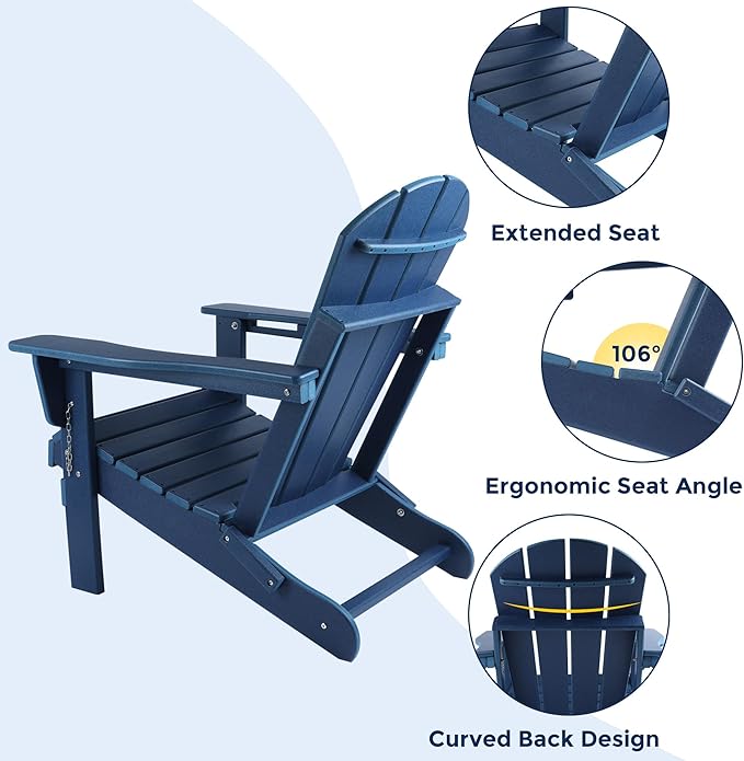 Magpie Fabrics Foldable Adirondack Chair with Cup Holder, HDPE Weather Resistant Oversize Outdoor Chair, Widely Used in Patio, Fire Pit, Deck, Porch, Garden, Campfire (Navy Blue)
