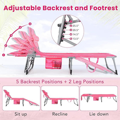 COSTWAY Folding Beach Lounge Chair, Tanning Chair with Face Hole, 5-Position Adjustable Backrest, Pillow & Side Pocket, Foldable Chaise Lounge Chair Outdoor for Sunbathing, Camping (2, Pink+White)