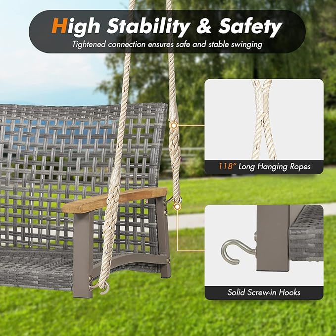 RELAX4LIFE 2-Seater Outdoor Porch Swing - Patio PE Rattan Hanging Swing Bench with Seat Cushion and Strong Hanging Ropes - Photo 7
