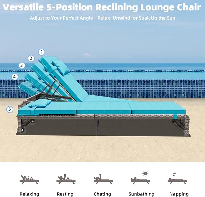 Chaise Lounge Set 3 Pieces, Outdoor Modern Patio Furniture Lounge Chairs Set of 2 with Adjustable Backrest & Side Table, Durable PE Wicker, Weather Resistant Cushions, Blue