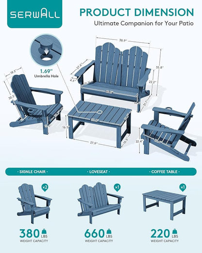 SERWALL 4 Pieces HDPE Patio Adirondack Chair Set, 2 Adirondack Chair with Cup Holder & 1 Adirondack Bench & 1 Coffee Table with Umbrella Hole, Navy