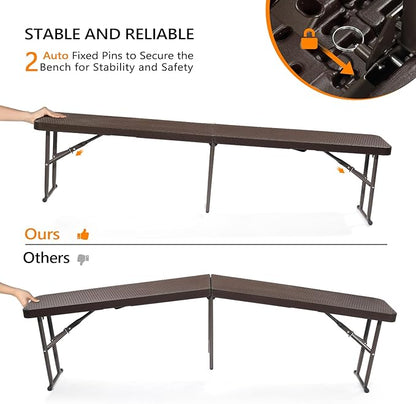 VINGLI 6 feet Plastic Folding Bench,Portable in/Outdoor Picnic Party Camping Dining Seat, Garden Soccer Multipurpose Entertaining Activities, Smooth HDPE Tabletop (2, Brown, 6ft)