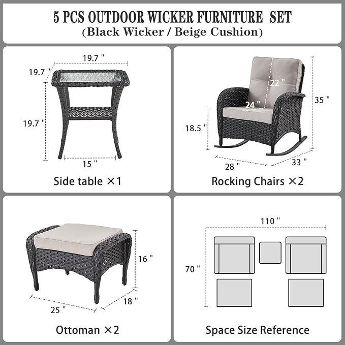Belord Patio Rocking Chairs Furniture Set - 5 Piece Outdoor Wicker Furniture Sets with Ottomans - Photo 4