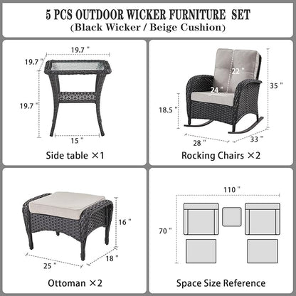 Belord Patio Rocking Chairs Furniture Set - 5 Piece Outdoor Wicker Furniture Sets with Ottomans, Small Patio Conversation Sets with Wicker Rocking Chairs Black/Beige