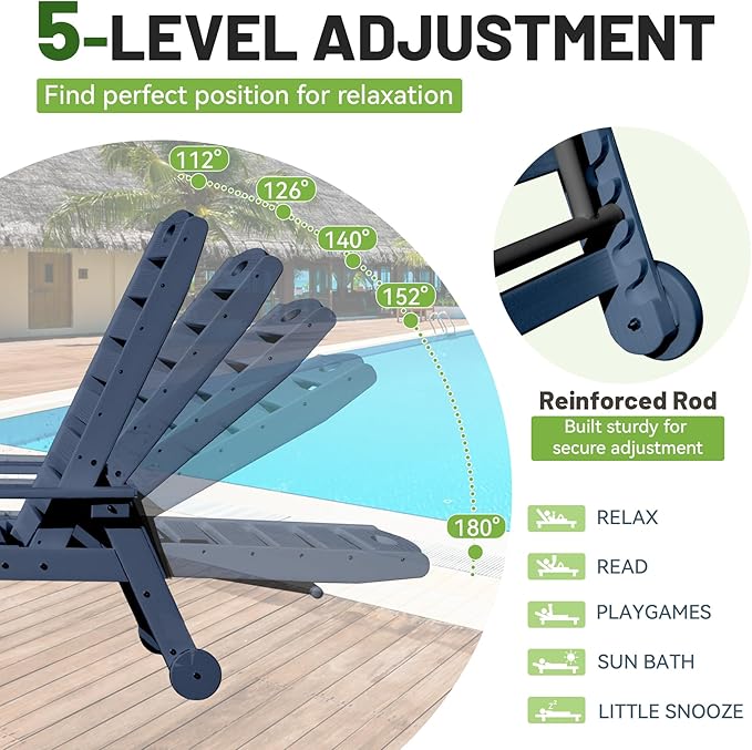 Outdoor Lounge Chairs Set of 2, 78'' Long Patio Lounge Chair HDPE 5-Position Adjustable with Cup Holder & Rolling Wheels, Pool Lounge Chair for Sunbathing Tanning, Deck, Poolside -Dark Blue