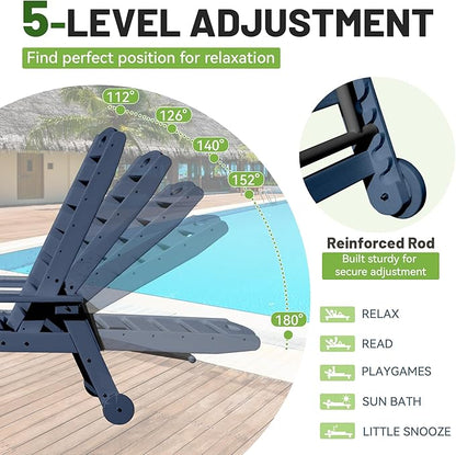Outdoor Lounge Chairs, 78'' Long Patio Lounge Chair HDPE 5-Position Adjustable with Cup Holder & Rolling Wheels, Pool Lounge Chair for Sunbathing Tanning, Deck, Poolside -Dark Blue