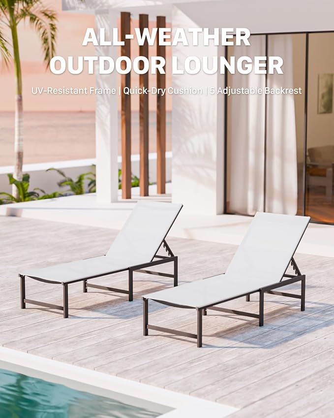 Chaise Lounge Chair Outdoor, Aluminum PatioChairs with 5 Adjustable Backrest and HeadrestPillows for Outside Beach，White - Photo 3