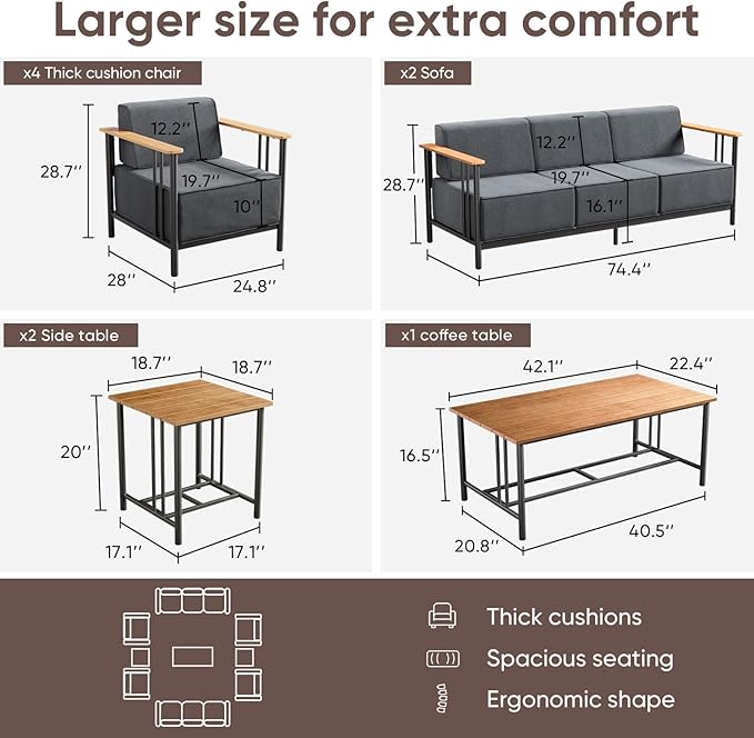 10-inch Thick Cushion Outdoor Furniture Set of 9, Patio Chair Set with Sofa, Wood Grain armrests, trapezoidal backrest - Photo 2