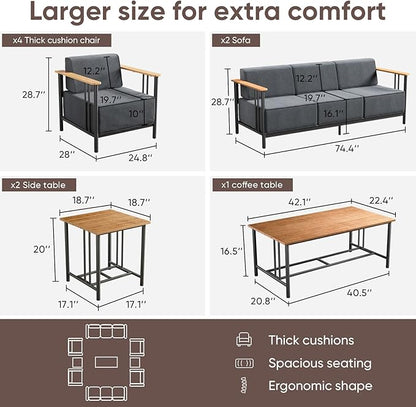 10-inch Thick Cushion Outdoor Furniture Set of 9, Patio Chair Set with Sofa, Wood Grain armrests, trapezoidal backrest, Indoor/Outdoor Balcony Seating, Dark Gray | Gray Cushion