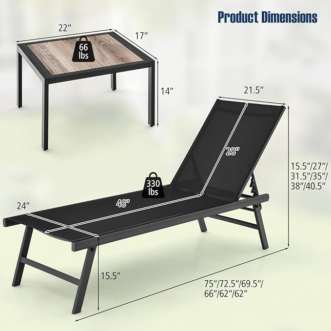 Tangkula 3 Piece Patio Chaise Lounge Set, Aluminum Patio Recliner with Coffee Table, 6-Level Backrest Adjustment, Outdoor Lounge Chair & Side Table Set for Poolside, Backyard (Black)