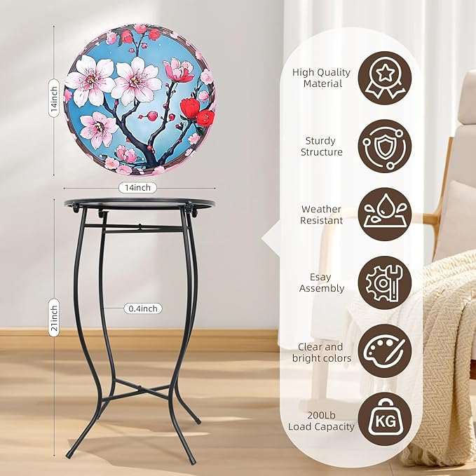 Small Outdoor Table, 21 Inch Heigh Weather Resistant Metal Round Outdoor Indoor End Table Side Table for Patio Yard Porch Balcony Garden Bedside, Easy Assemble