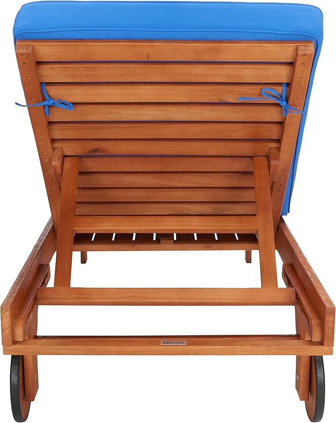 SAFAVIEH Outdoor Collection Newport Natural/ Royal Blue Cushion Built-in Side Table Adjustable Chaise Lounge Chair