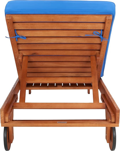 SAFAVIEH Outdoor Collection Newport Natural/ Royal Blue Cushion Built-in Side Table Adjustable Chaise Lounge Chair