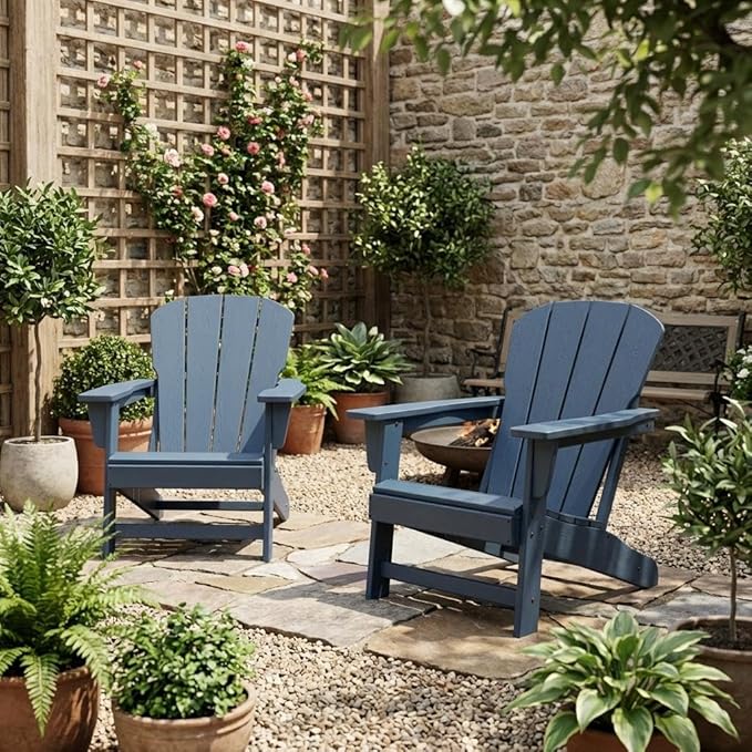 IDEALHOUSE Adirondack Chairs Set of 2, Fixed Non-Folding Design, HDPE Outdoor Chair, 380 LBS Weight Capacity, Wood Grain Texture Patio Lawn Garden Backyard Deck Poolside Furniture, Navy Blue