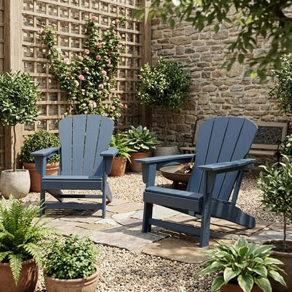 IDEALHOUSE Adirondack Chairs Set of 2, Fixed Non-Folding Design, HDPE Outdoor Chair, 380 LBS Weight Capacity, Wood Grain Texture Patio Lawn Garden Backyard Deck Poolside Furniture, Navy Blue