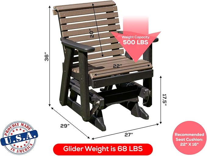 Amish Craftsmanship Made in USA 2FT Heavy Duty Poly Lumber Wood Porch Patio Glider HDPE with No Wood fibers Lancaster Series Rollback Design 500 lbs Limit Weatherwood on Black