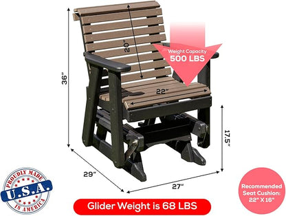 Amish Craftsmanship Made in USA 2FT Heavy Duty Poly Lumber Wood Porch Patio Glider HDPE with No Wood fibers Lancaster Series Rollback Design 500 lbs Limit Weatherwood on Black