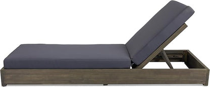 Abraham Outdoor Acacia Wood Chaise Lounge with Cushion (Set of 2), Gray and Dark Gray