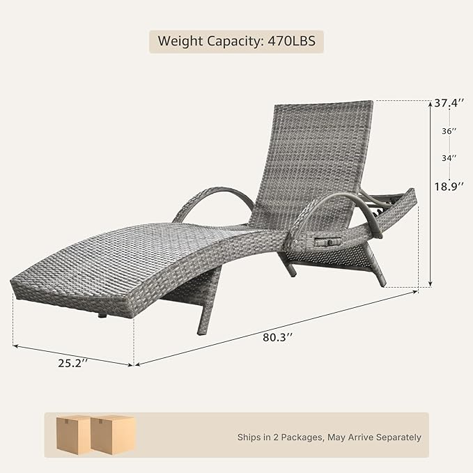 Set of 4 Gray Outdoor Chaise Lounge Chairs, Wicker Patio Lounge Chairs with Adjustable Backrest and Armrests, Durable PE Rattan Pool Chair for Patio, Poolside and Garden