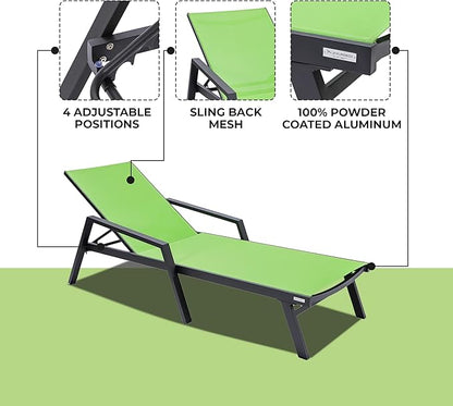 LeisureMod Marlin Patio Chaise Lounge Chair, Adjustable Outdoor Black Aluminum Lounge with Breathable Mesh Sling Back, Lightweight Poolside Reclining Sun Lounger Weather & UV Resistant (Green)