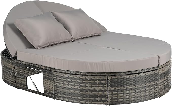 JOSHEN 78" Outdoor Chaise Lounge Chair,Patio Round Daybed,Reclining Wicker Rattan Sun Bed with Adjustable Backrests and Foldable Cup Trays for Backyard,Poolside,Light Gray