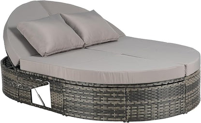 JOSHEN 78" Outdoor Chaise Lounge Chair,Patio Round Daybed,Reclining Wicker Rattan Sun Bed with Adjustable Backrests and Foldable Cup Trays for Backyard,Poolside,Light Gray