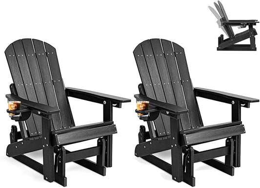 3-Position Adjustable Adirondack Chair with Cup Holder Set of 2, HDPE All-Weather Outdoor Glider Chair, Wood-Grain Fire Pit Chairs for Pool, Yard, Deck (Black)
