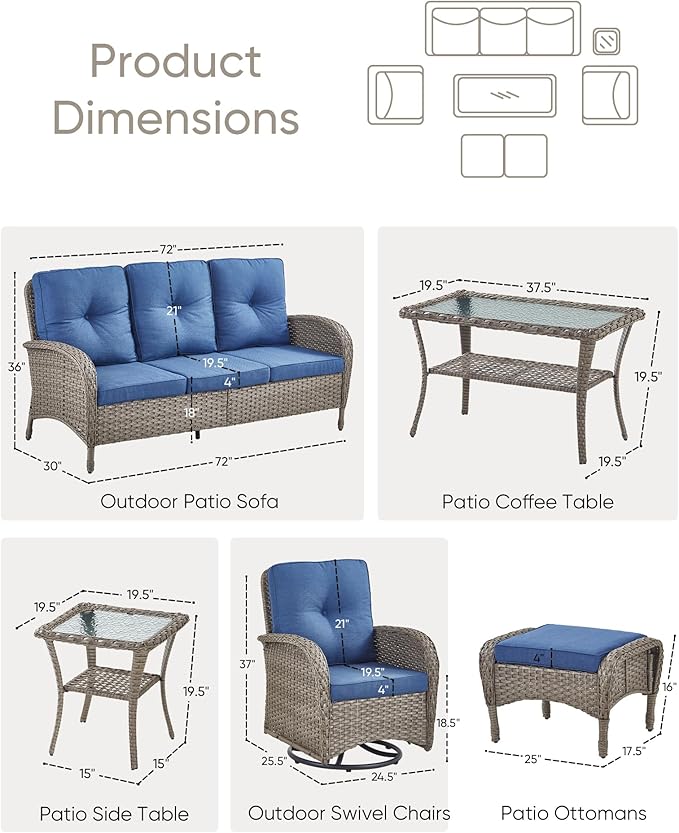 7 Pieces Outdoor Patio Furniture-Swivel Patio Chairs Set of 2 Outdoor Wicker Rattan Sofa Couch with Ottoman Outdoor Conversation Set for Deck Porch Garden Balcony Poolside-Grey/Blue