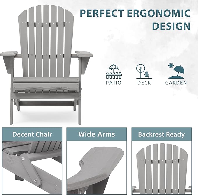 Wooden Folding Adirondack Chair Set of 6, Pre-Assembled BackRest Wood Lounge Chair for Outdoor Patio Garden Lawn Backyard Deck Pool Beach Firepit