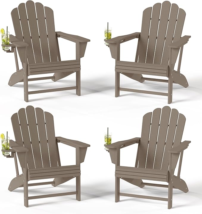 Costaelm Lakeview Outdoor Patio HDPE Adirondack Chairs with Cup Holders (Set of 4), Weathered Wood